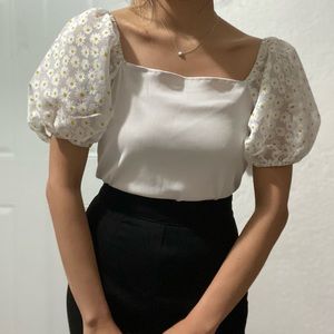 off shoulder floral print puff sleeve